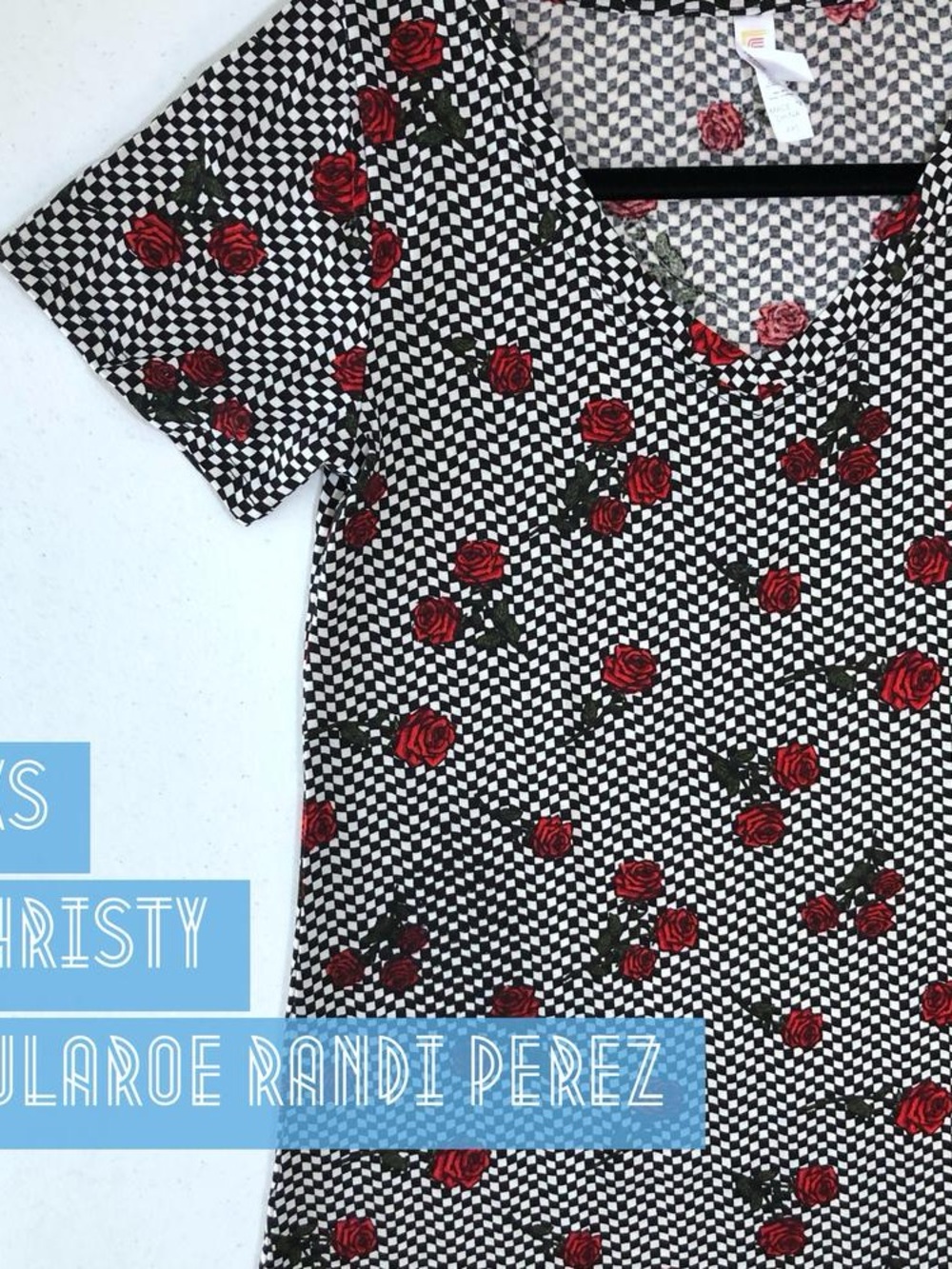 LuLaRoe Black & White Checkered V-Neck Top with Red Rose Print